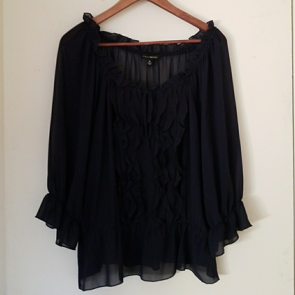 Willi Smith Sheer Dark Blue Flowy Ruffle Top
